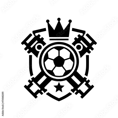 A masculine and dynamic emblem featuring a soccer ball at the center, flanked by two engine pistons, topped with a crown, and a star below the shield.