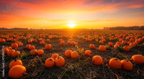 Golden Sunset Over a Bountiful Autumn Pumpkin Patch Field.
