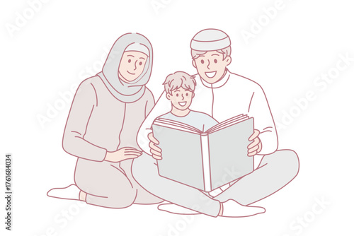 Religious education and islam concept. Happy young arab family father mother and son sitting on floor and reading koran book vector illustration