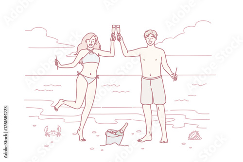 Enjoying vacations and exotic trip concept. Young happy smiling couple standing holding glasses with champagne celebrating vacations or honeymoon vector illustration