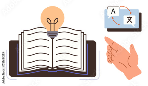 Open book with glowing bulb symbolizing knowledge, hand pointing to language exchange interface. Ideal for education, ideas, language learning, creativity, research, communication innovation. Simple