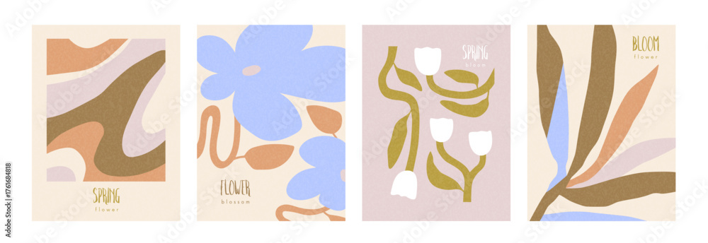 Fototapeta premium Abstract modern floral posters set. Trendy style cards, vertical backgrounds with flower blossoms, leaf, nature design. Spring and summer blooms and leaves pattern, frame. Flat vector illustrations