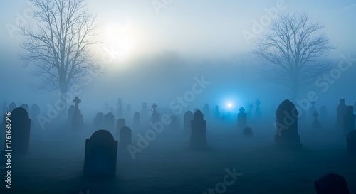 Eerie Graveyard Covered in Dense Fog at Dawn.