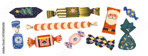 Candies in Christmas wrappers set. Winter holiday sweets in Xmas wrapping design with Santa, nutcracker. Festive sugar snacks, chocolate, caramel. Flat vector illustration isolated on white background