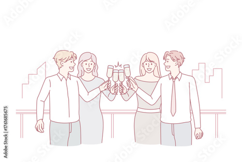 Overjoyed diverse young people hold glasses drink champagne cheers celebrate New Year together with fireworks. Happy friends enjoy party or celebration. Merry Christmas concept. Vector illustration.