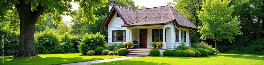 Obraz premium Peaceful Retreat Charming Small House with Lush Lawn and Cozy Porch - Ideal for Real Estate, Home Design, and Lifestyle Photography