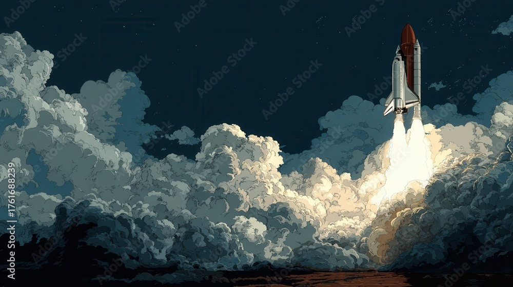 Obraz premium Rocket launches into the night sky surrounded by clouds and smoke, marking a historic space mission