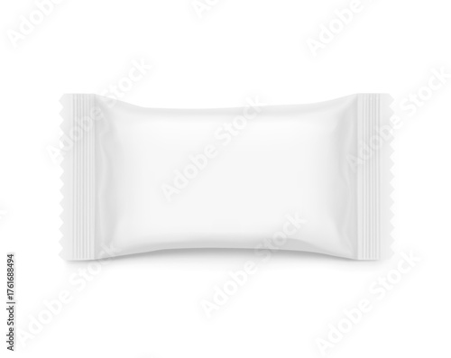 Realistic flow pack for candy mockup. Front and rear views. Vector illustration on white background. Easy to use for presentation your product, idea, design. EPS10.