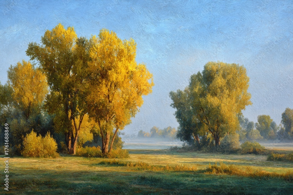Fototapeta premium Golden tranquility: autumn's embrace in the morning meadow. Authentic moment. Enchanting autumn scene: vivid colors and gentle mist in the meadow. Feature story. Real vibe.