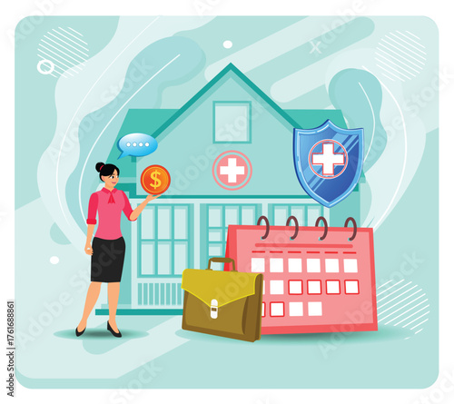 Paid Leave for Quarantined Workers. Woman With Coin, Calendar and Shield In Family Home Insurance.