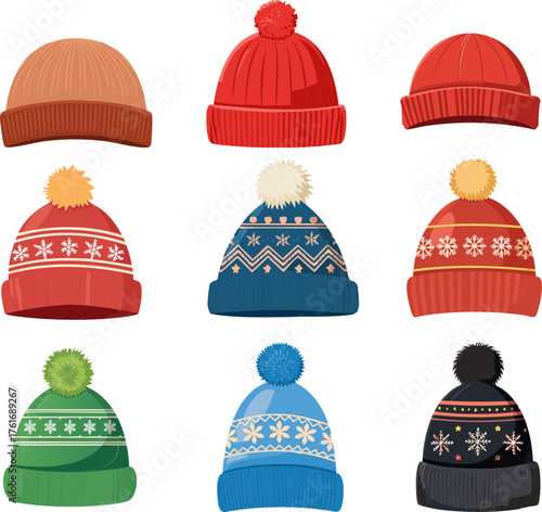 Collection of colorful winter hats and beanies with pom poms