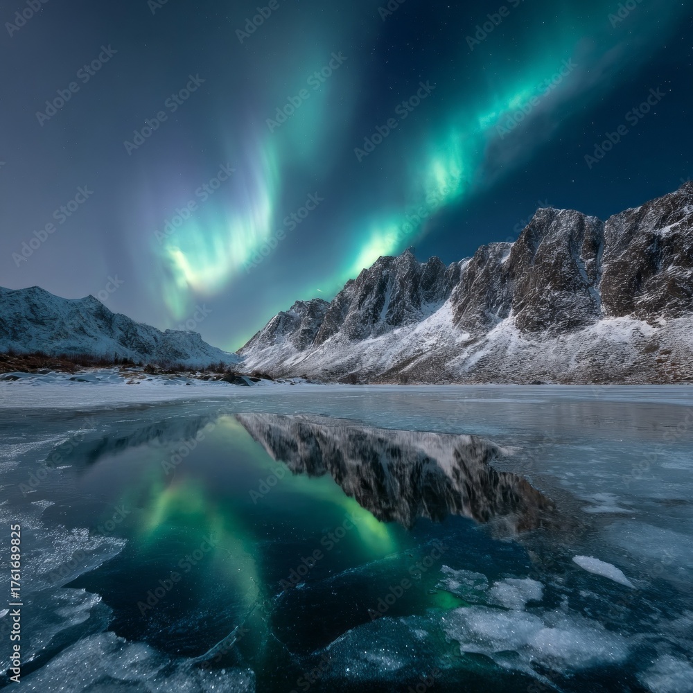 Naklejka premium Dazzling lights dance across the night sky, reflecting off a frozen lake nestled within rugged mountains under a starry expanse, evoking a sense of wonder and tranquility