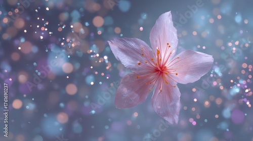 Delicate pink cherry blossom floating against a soft bokeh background with sparkles creating a dreamy atmosphere