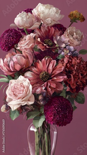 Beautiful bouquet of colorful flowers in a glass vase against a solid backdrop, displaying vibrant shades of pink, purple, and cream