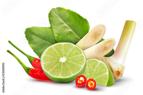 Galangal lemongrass kaffir lime leaves lime red chili pepper composition isolated on white background. Tom yum ingredient