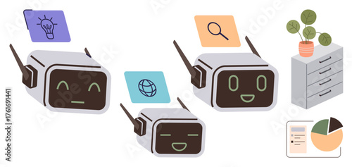 Robot faces with varied expressions and task icons, surrounded by plant, chart, and document. Ideal for AI, automation, teamwork, productivity, workplace machine learning simple flat metaphor