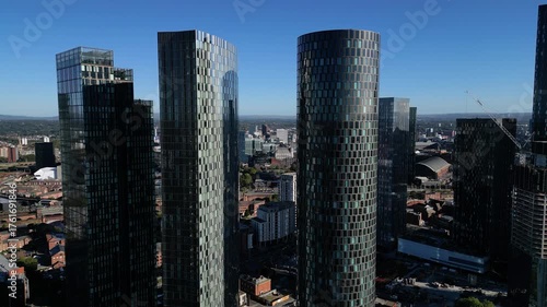 4K: Aerial Drone shot of Manchester Skyscrapers and City Centre in Day time. United Kingdom. Stock Video Clip Footage