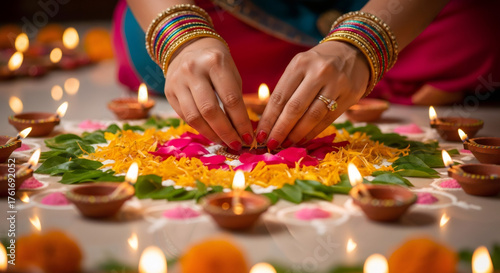 Woman arranging flower petals on a rangoli design, surrounded by lit oil lamps, celebrating Diwali festival. Indian tradition, prayer time.