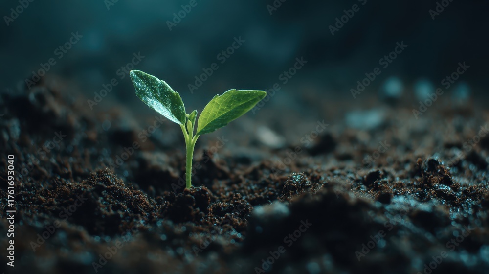 Naklejka premium New plant sprouting from rich soil in a dark environment showcasing nature's growth process