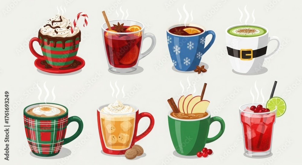 Obraz premium Collection of eight steaming hot winter holiday drinks in mugs