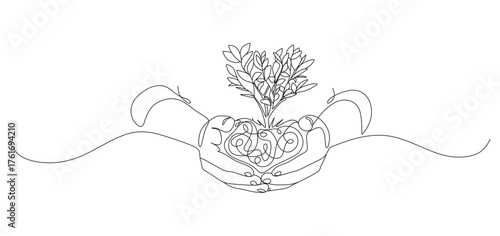 Minimalist one-line drawing of hands gently holding a small plant with leaves, symbolizing care, growth, and environmental awareness. The continuous line art style represents love for nature