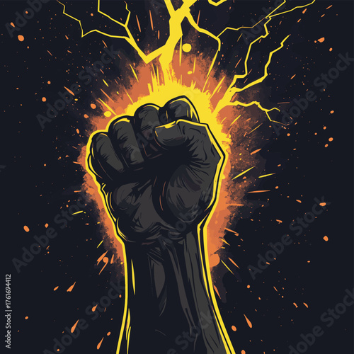 Powerful Lightning Bolt Gripping Dark Hand with High Fidelity Detail   , vector style simple color
