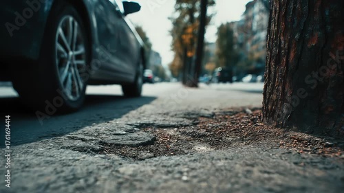 car wheels running and closed up Very bad quality street with potholes. have tree. Damaged asphalt pavement road with potholes in city, dangerous, broken, garage 