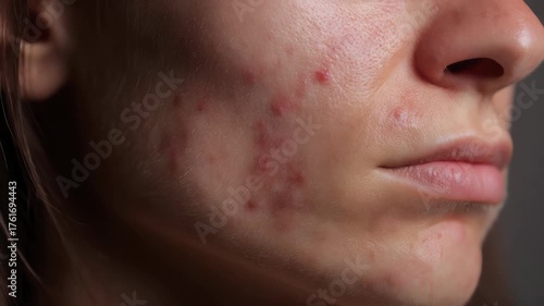 acne on woman face with rash skin, scar, and red skin syndrome allergic to cosmetics, use steroids, dermatology, inflammation, infection, hygiene