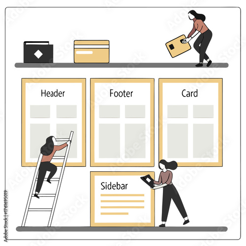 Illustration of elements of a webpage being put in place. Text: "Header," "Footer," "Card," "Sidebar".

