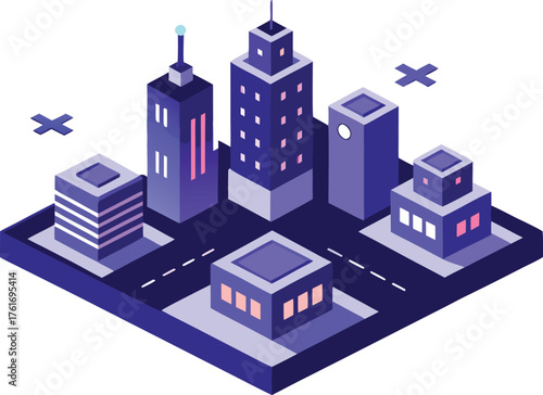 Isometric cityscape night illustration with synchronized glowing lights vector art