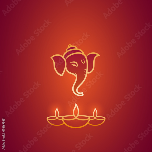 Lord Ganesha Line Art with Glowing Diyas on Red Background