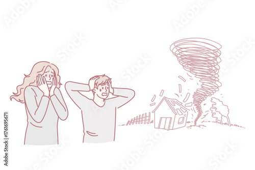 Natural disaster and tornado concept. Sad stressed frightened man and woman standing looking at coming storm and damaged house and feeling despair vector illustration