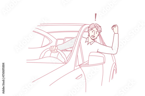 Aggressive man driver scream and shout beep in car on road. Mad male honk in horn swear and yell stuck in traffic jam. Transportation, driving problem concept. Flat vector illustration.