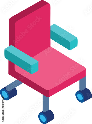 Isometric pink hover chair with teal armrests and blue wheels vector illustration