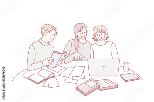 Happy diverse young people study together with books and laptop prepare for school exam or test. Smiling students learn using computer and textbooks. Education concept. Flat vector illustration.