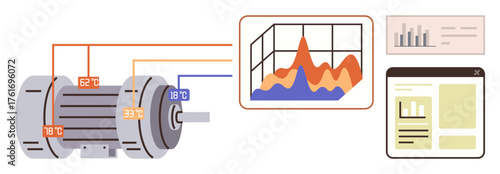Industrial motor with labeled data points connected to a system displaying graphs, statistics, and analytics. Ideal for analytics, automation, IoT, engineering, machine learning, energy research