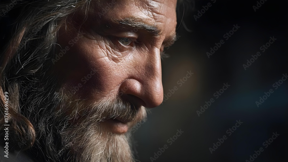 Obraz premium Close-up of an elderly man with a gray beard and long hair, gazing downward with a weathered, thoughtful expression. Concept Close-up portrait, Weathered features, Gray beard, Long hair