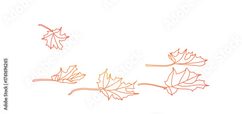 Minimalist one-line drawing of multiple maple leaves in soft orange gradient tones, symbolizing the gentle fall of autumn leaves. The continuous line art style highlights elegance, simplicity