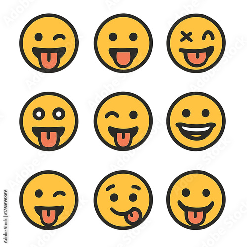 Tongue Out Icons. Flat icon set of tongue out expressions: tongue out wink, playful tongue, silly face, wacky