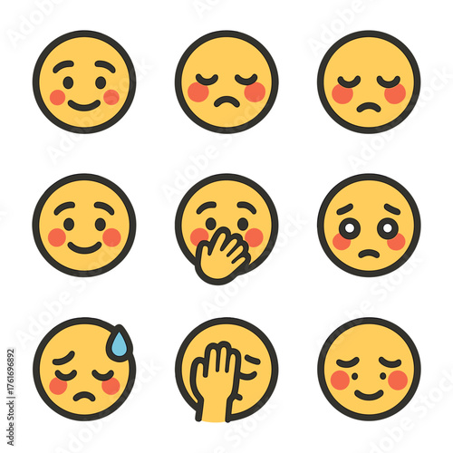 Embarrassed Emotions Icons. Flat icon set of embarrassed & shy: shy grin, blush cheeks, eyes downcast,