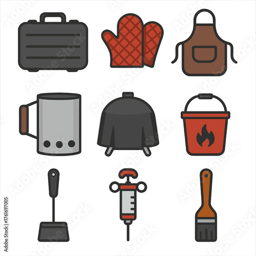 Barbecue Tools Icons. Flat icon set of BBQ tools kit: tool case, grill gloves, apron, chimney starter, grill