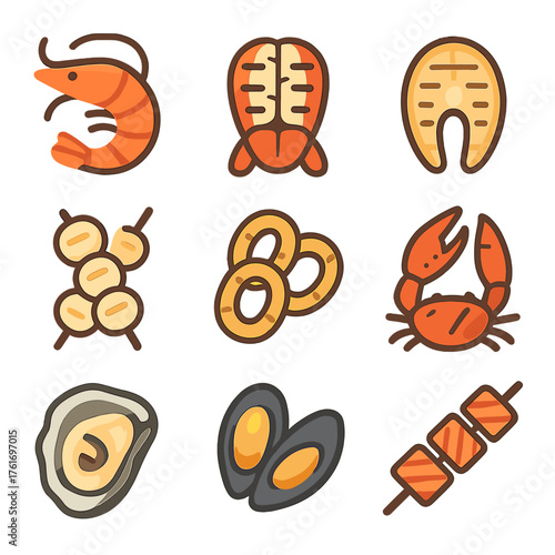 Seafood Grill Icons. Flat icon set of seafood grill: grilled shrimp, lobster tail, fish steak, scallop skewers