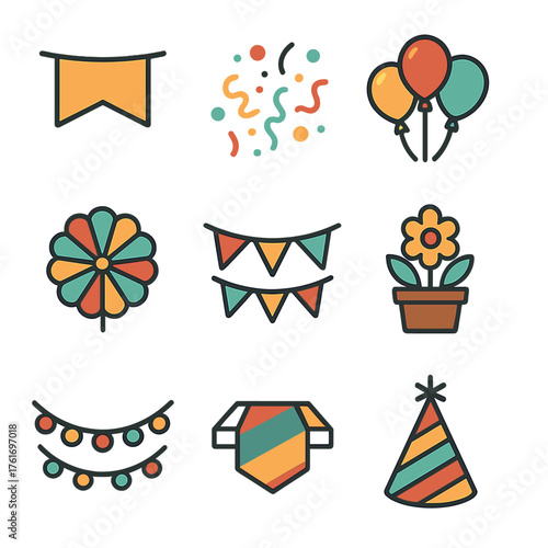Party Decor Icons. Flat icon set of party decor: banner flag, confetti, balloon bunch, paper fan, pennant
