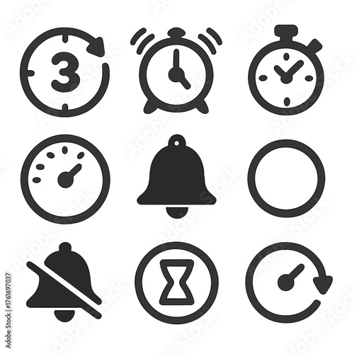 Timer Icon Collection. Flat icon set of countdown & timer: countdown clock, alarm, stopwatch, timer dial, bell