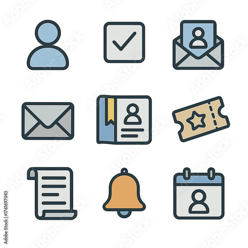 Event Invitation Icons. Flat icon set of guest list & invites: guest icon, RSVP check, email invite, envelope,