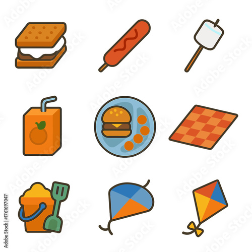 Kids' BBQ Icon Set. Flat icon set of kids’ BBQ fun: s’mores kit, hot dog on stick, marshmallow, juice box,