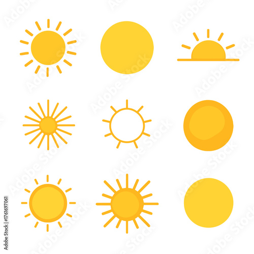 Sun Icon Set. Flat icon set of sun basics: sun with rays, sun disk, half sun, sunburst, sun outline, sun core,