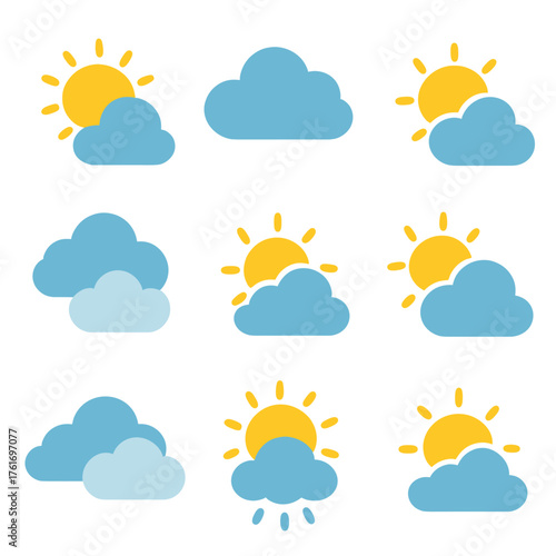 Weather Icons Grid. Flat icon set of sun and clouds: sun peeking, cloud cover, partly sunny, sun behind cloud,