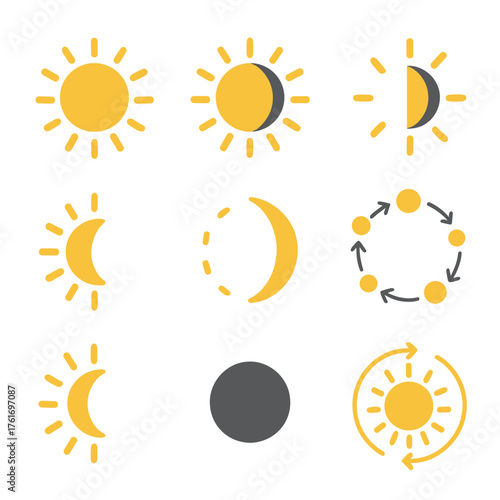 Sun Phases Icons. Flat icon set of sun phases: full sun, gibbous sun, half sun, crescent sun, waning sun,