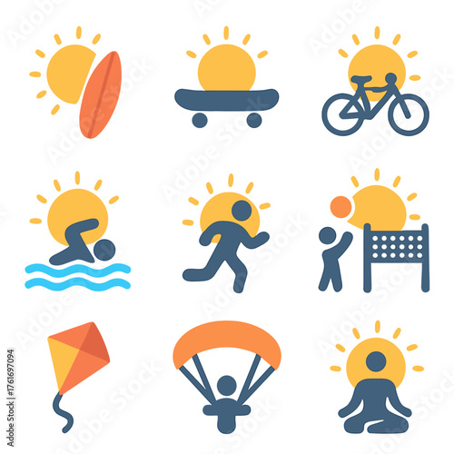 Sunny Sports Icons. Flat icon set of sun in sports: sun and surfboard, sun and skateboard, sun and bicycle,